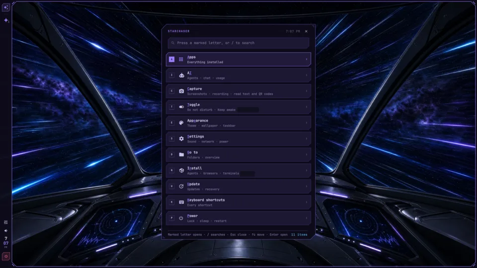The app menu with shortcuts to apps, capture, appearance, and settings. Selected text masked.