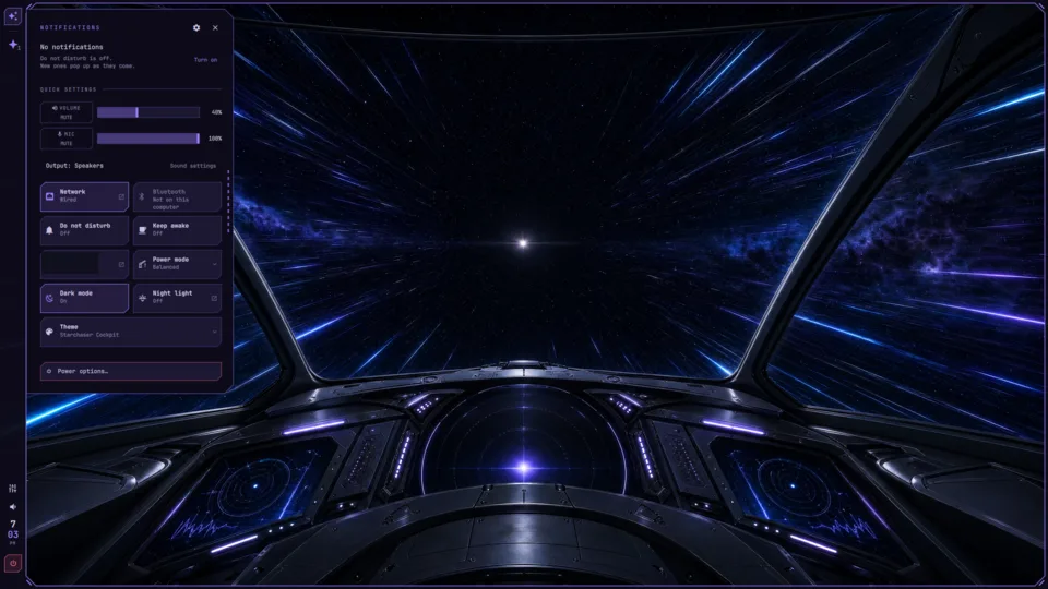 Sound, network, power, and theme controls beside the desktop. Selected text masked.