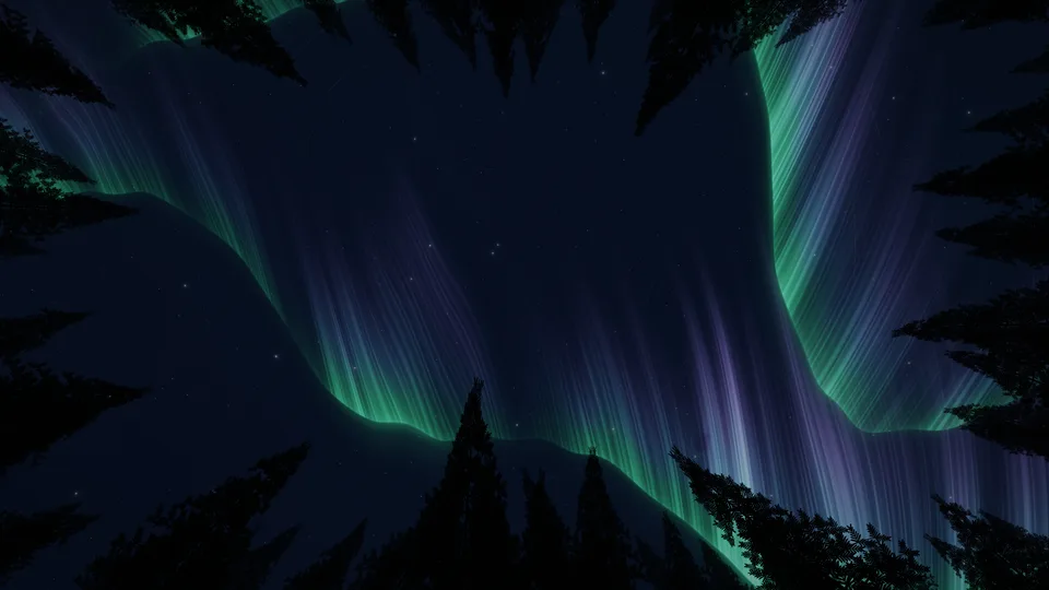 An aurora above a forest silhouette.