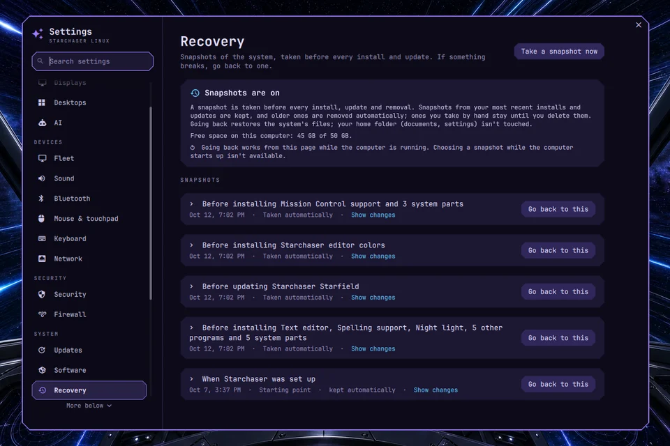 Recovery settings showing restore points and Go back to this buttons