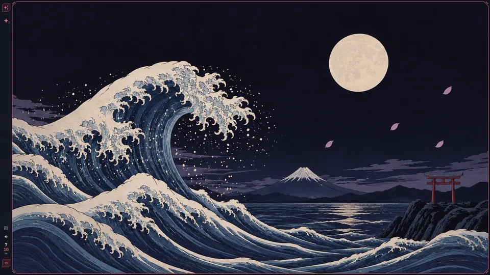 Ocean waves and a moon in the Japan desktop theme